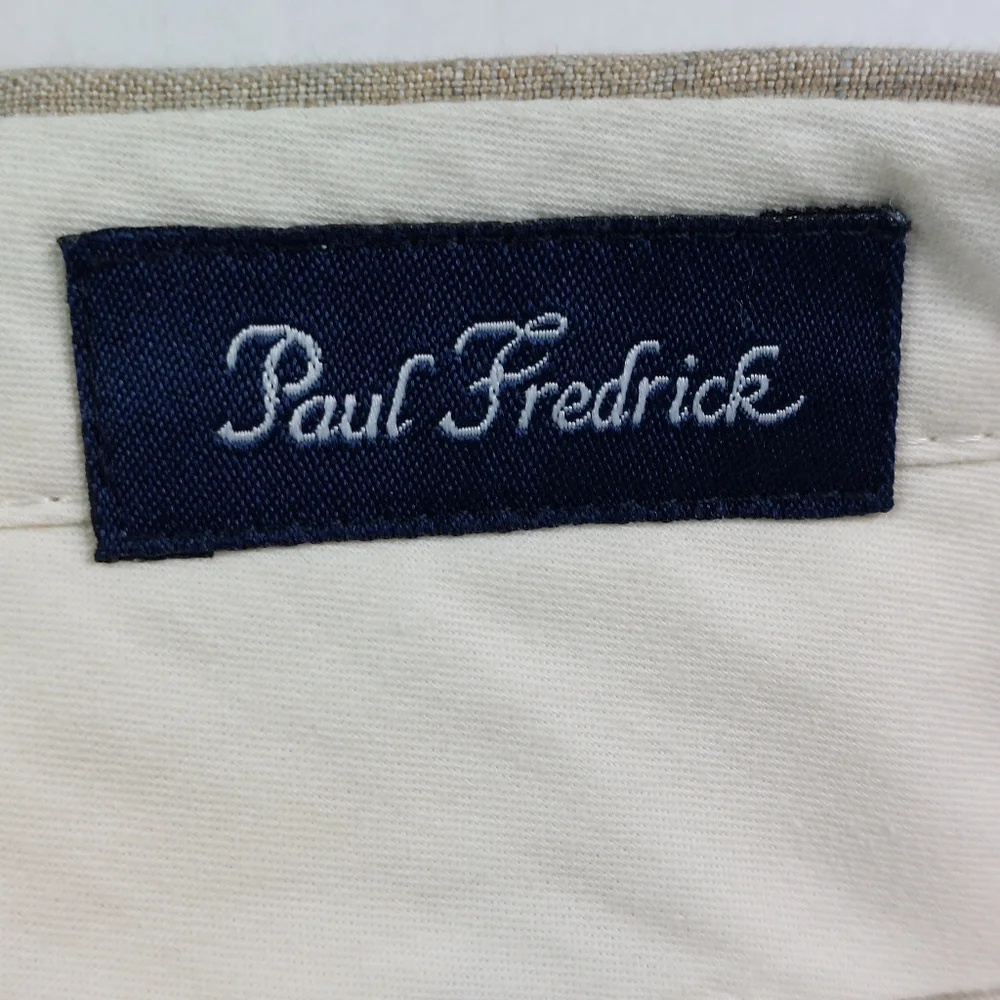 Paul Fredrick Dress Pants Mens Size 38x29 Beige Tan 100% Linen Pleated Cuffed